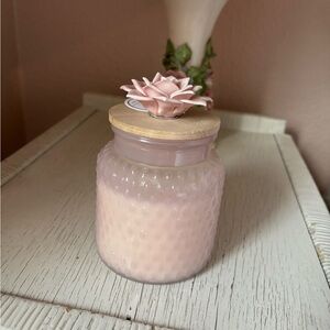 Pink Hobnail Glass Jar Candle with Wooden Lid and Floral Accent